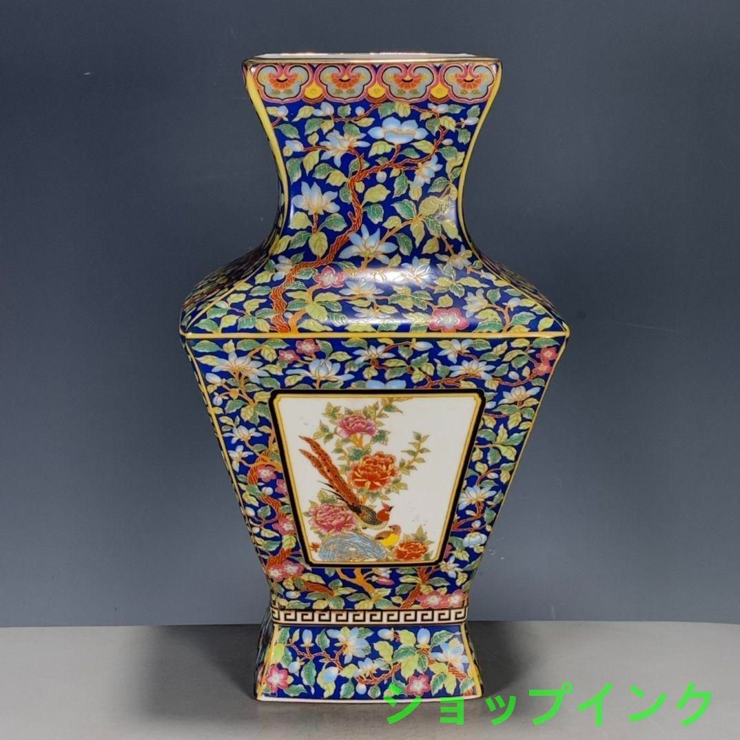 パステル琺瑯彩花鳥蒔絵四方尊瓶 景徳鎮 陶磁器 装飾品 現代工芸