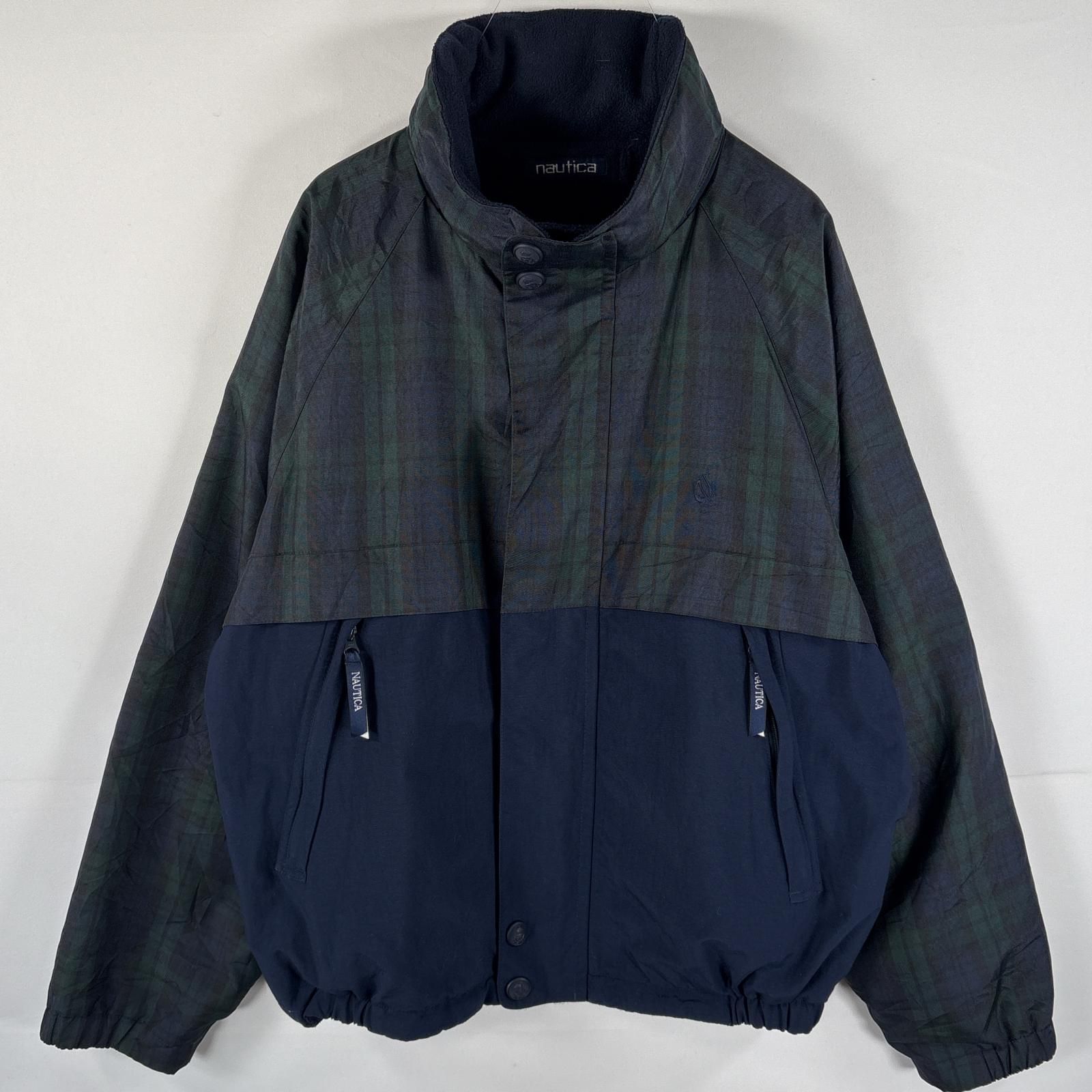 古着 90's/90年代 ノーティカ NAUTICA リバーシブルジャケット ワンポイントロゴ刺繍 L ネイビー グリーン チェック メンズ