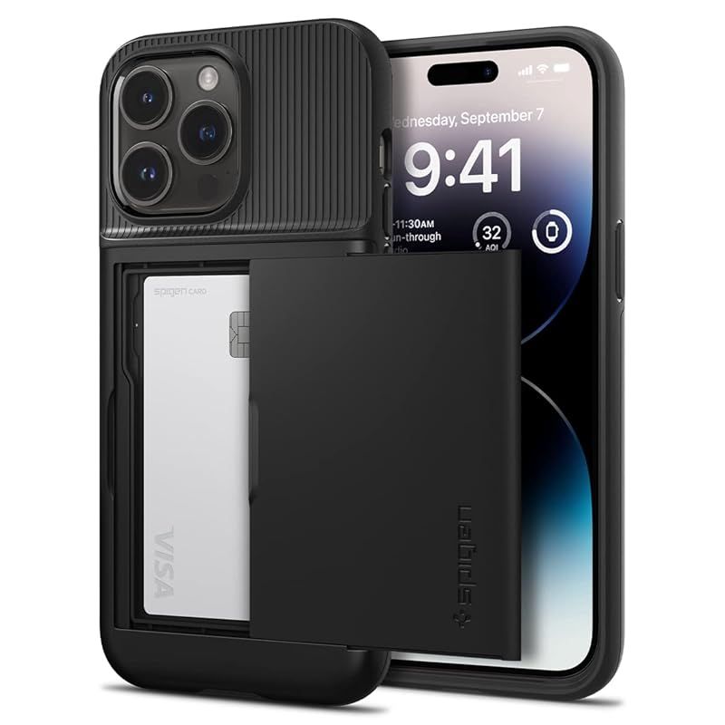 Spigen iPhone14Pro ケース カード 手帳型 収納ケース 2重構造 耐衝撃 米軍MIL規格取得 落下防止 IC カード ポケット パスケース スリム・アーマー CS ACS04980 (ブラック) 1