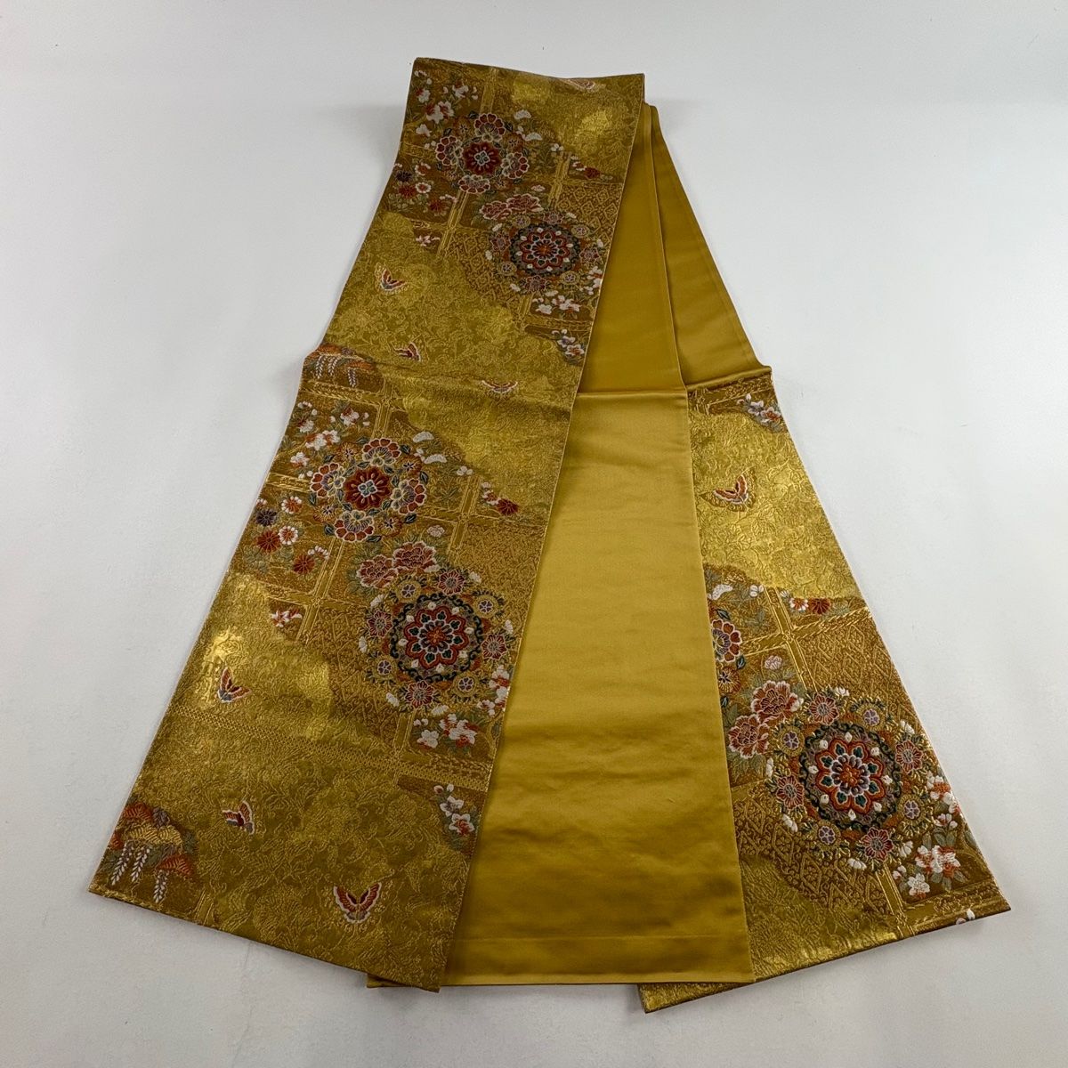 袋帯 美品 華文 花鳥 金糸 箔 金色 六通 正絹 袋帯 美品 秀品 華文 花鳥 箔 金糸 金色 六通 正絹 【中古