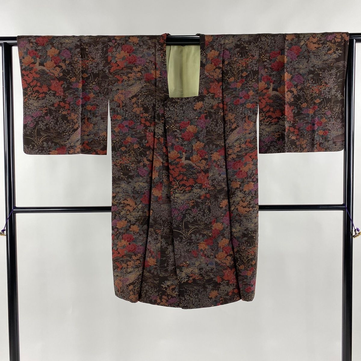 道行 身丈101cm 裄丈64cm M 和装コート 角衿 松竹梅 草花 金彩 茶紫  