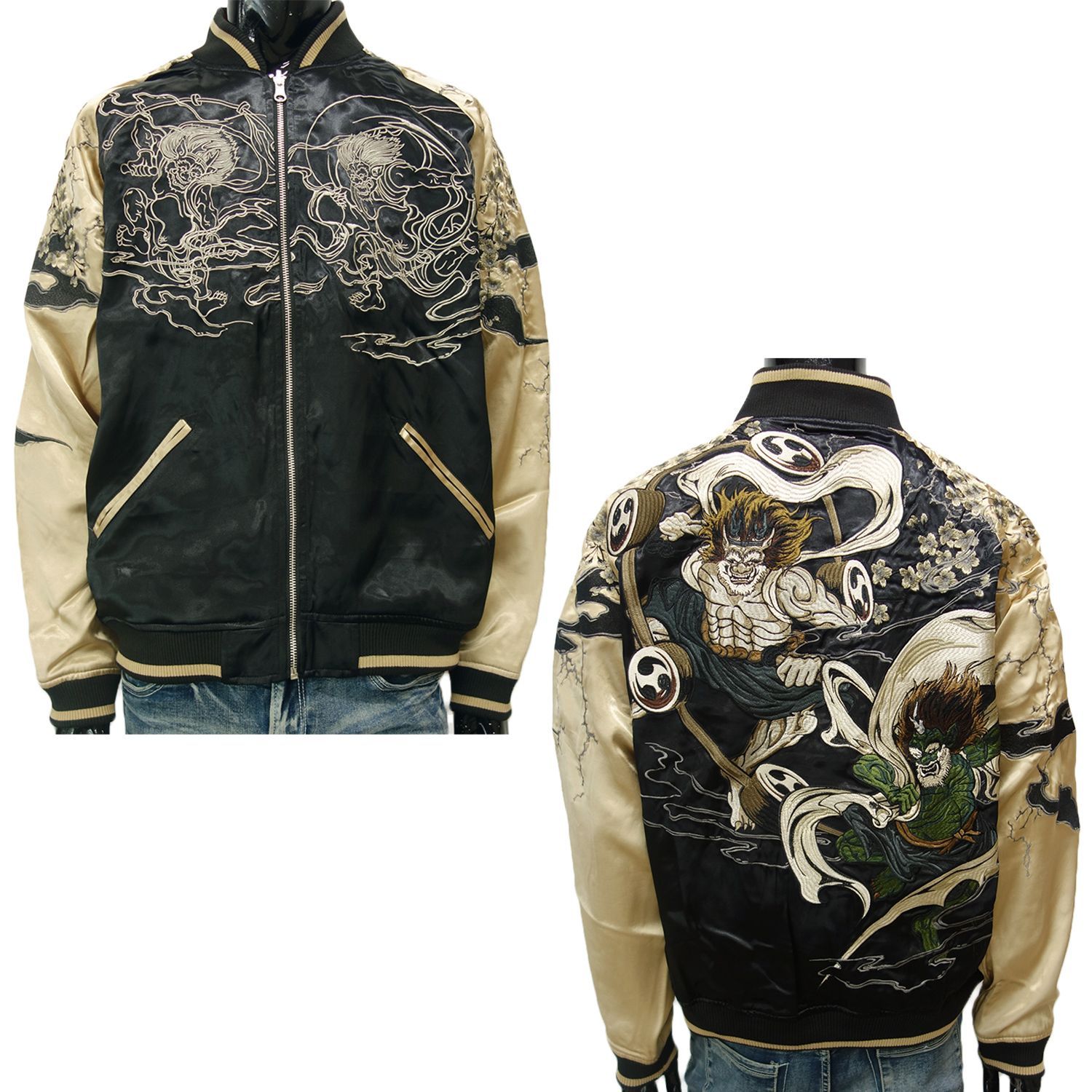 送料無料 絡繰魂 254803 スカジャン col20 黒 リバーシブル 風雷神