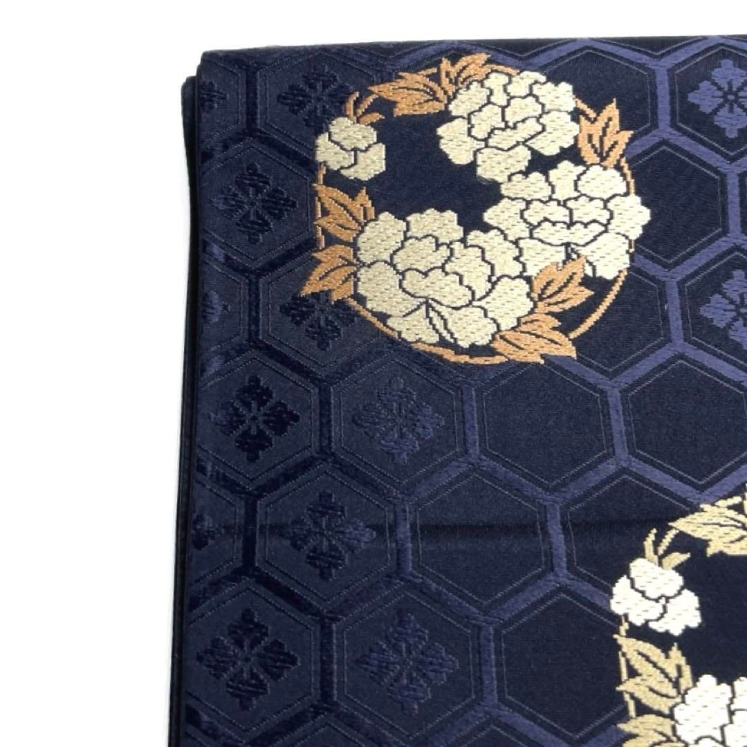 袋帯 牡丹紋 花紋 亀甲 花菱 ネイビー 着物 021a d - メルカリ 