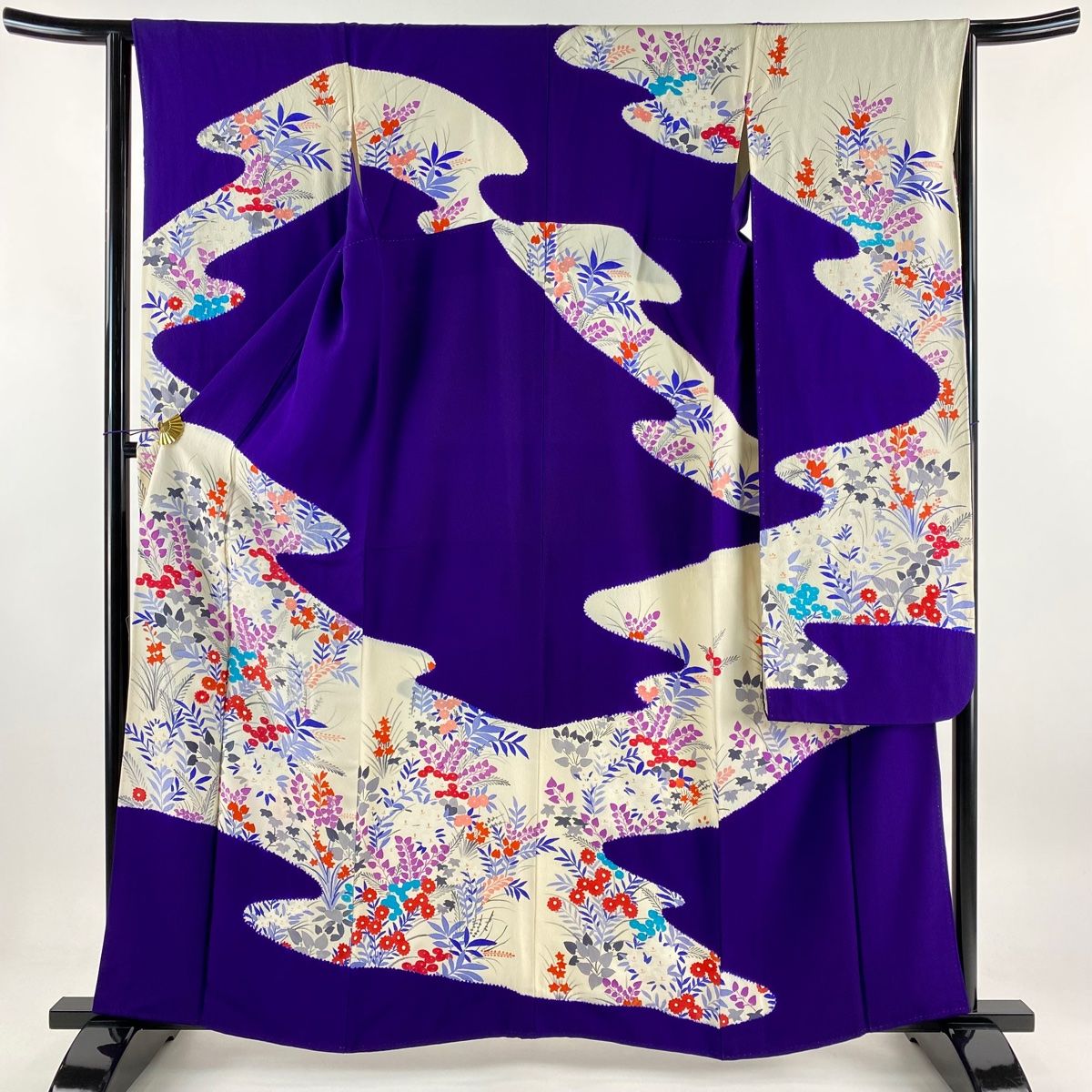 振袖 身丈160.5cm 裄丈64cm M 袷 草花 霞 染め分け 紫 正絹 名品 【中古】 