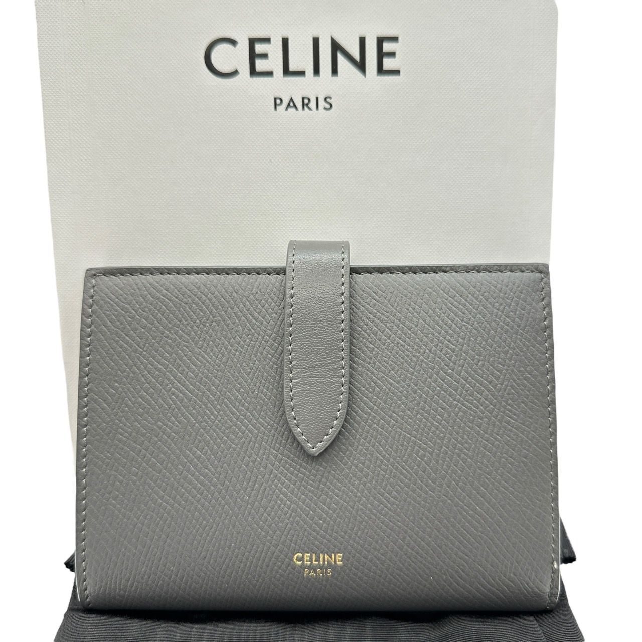 美品 CELINE セリーヌ ミディアムストラップ マルチファンクション レザー 二つ折り 財布 ウォレット グレー系