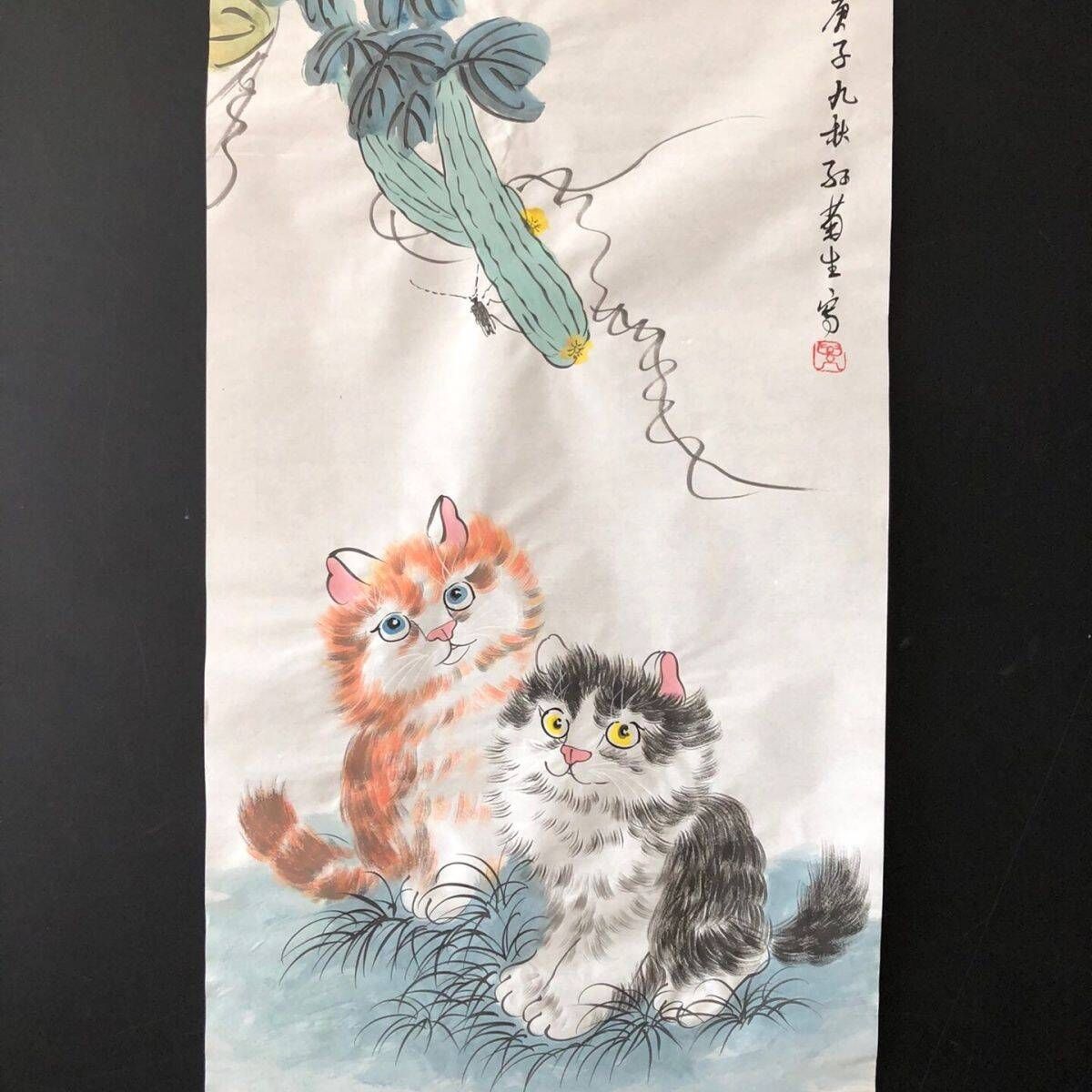 中国美術・純手描き猫三尺画芯・水彩画・孙菊生印款・肉筆・宣紙・