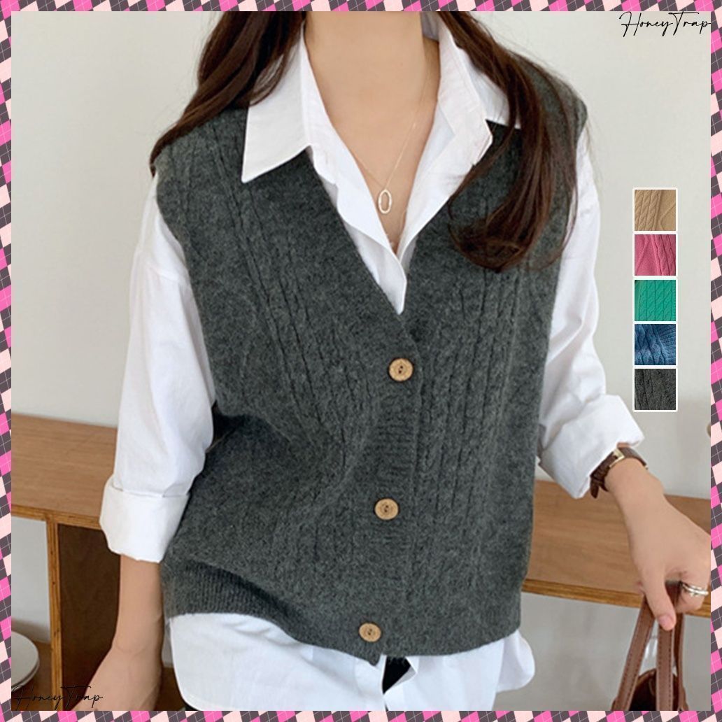 Vネック ニットベスト レディース春秋冬 前開き ニットジレ レイヤード風重ね着 ノースリーブニット 学院風 着やせニットカットソー 韓国風 ケーブル編みトップス 無地 羽織りレトロ 通学ニットセーター カジュアルチョッキ