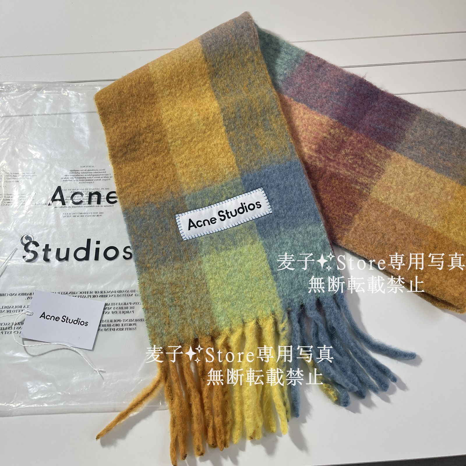 新品】 Acne Studiosアクネ ストゥディオズ マフラー モヘアチェック スカーフ ブルー/オレンジ/イエロー - メルカリ