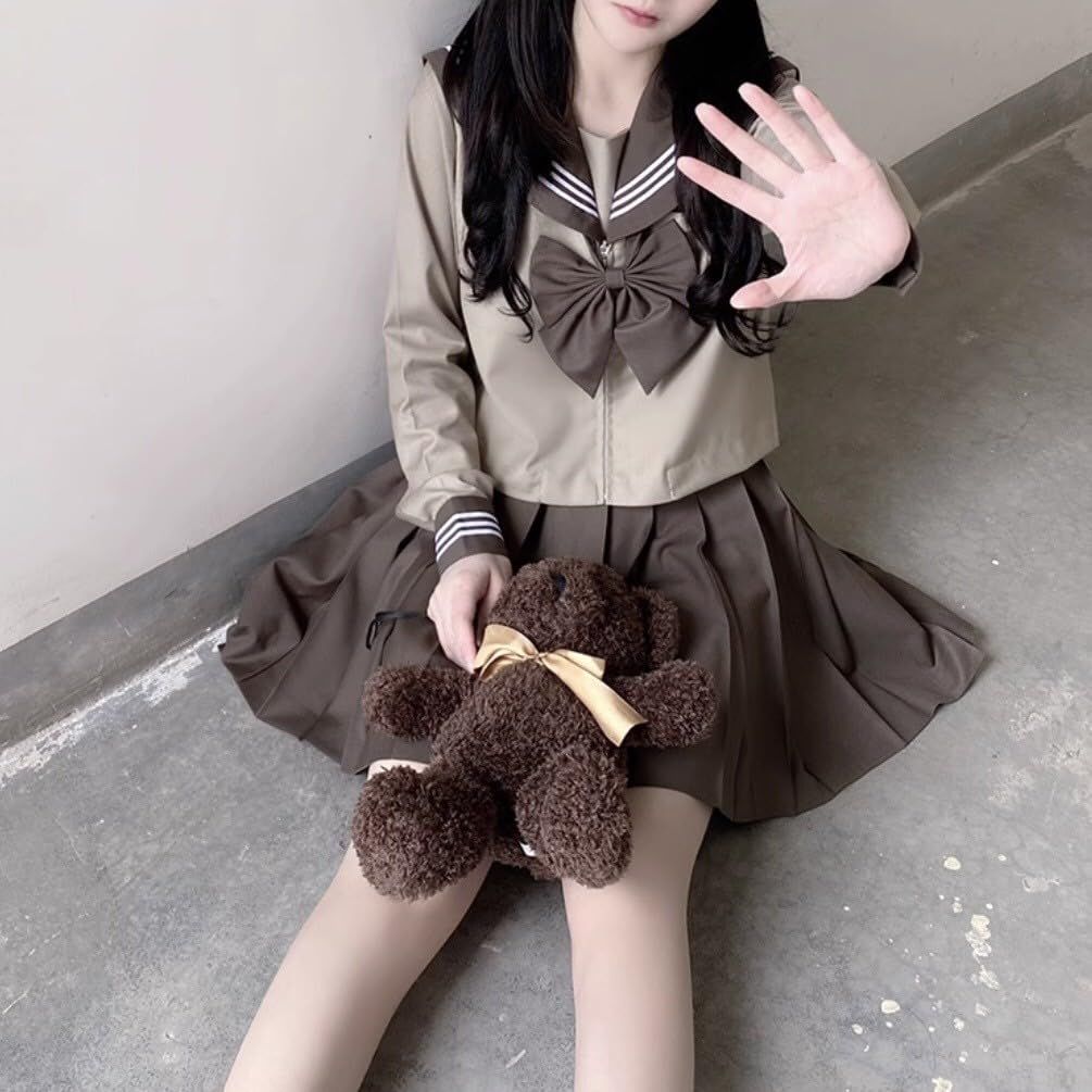 Kanoan] 3点セット セーラー服 長袖 ブラウン 茶色 コーヒー 白 3本
