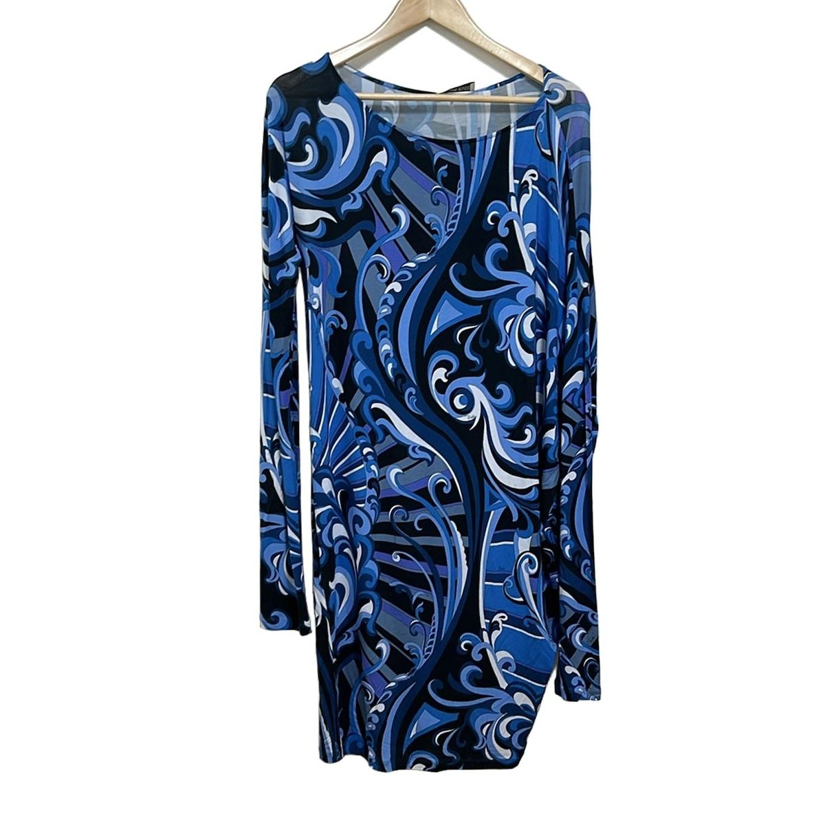 EMILIO PUCCI PUCCI エミリオプッチ ワンピース サイズ42 M レディース - 黒×ブルー×マルチ クルーネック 長袖 ひざ丈
