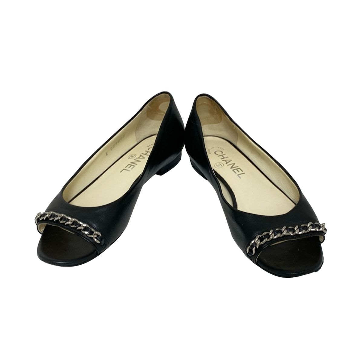 CHANEL シャネル フラットシューズ 351 2C レディース - G29800 黒 チェーン オープントゥ レザー