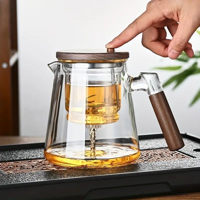 高質 新品 木製蓋&ハンドル付き透明 - 耐熱ガラスティーポット コーヒー・ティー用品