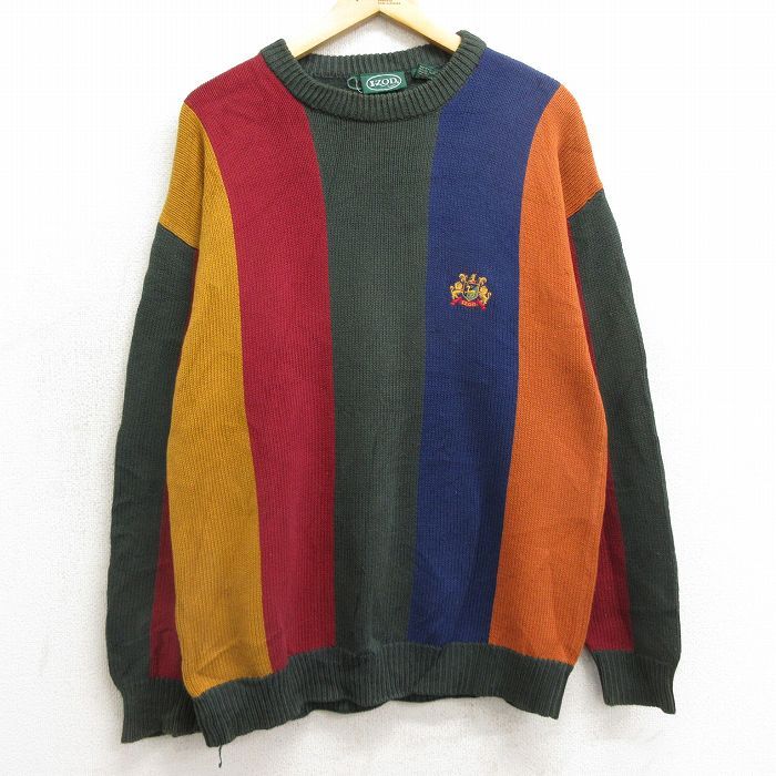 L/古着 IZOD 長袖 セーター メンズ 00s ワンポイントロゴ マルチカラー コットン クルーネック 緑他 グリーン 24nov07 中古 ニット トップ