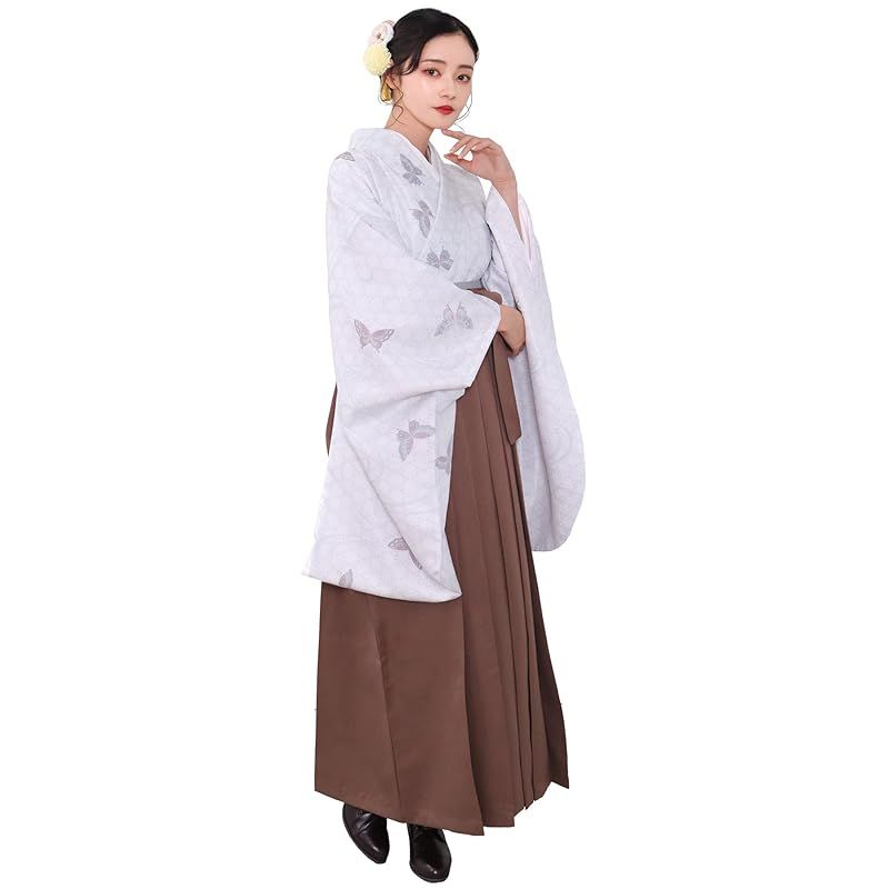 [KYOETSU] [キョウエツ] 袴セット 二尺袖着物 無地袴 卒業式 3点セット(着物、袴、袴下帯) 華やか F レディース (F-7×袴:栗茶(袴下帯:グレー)， 袴M) 0
