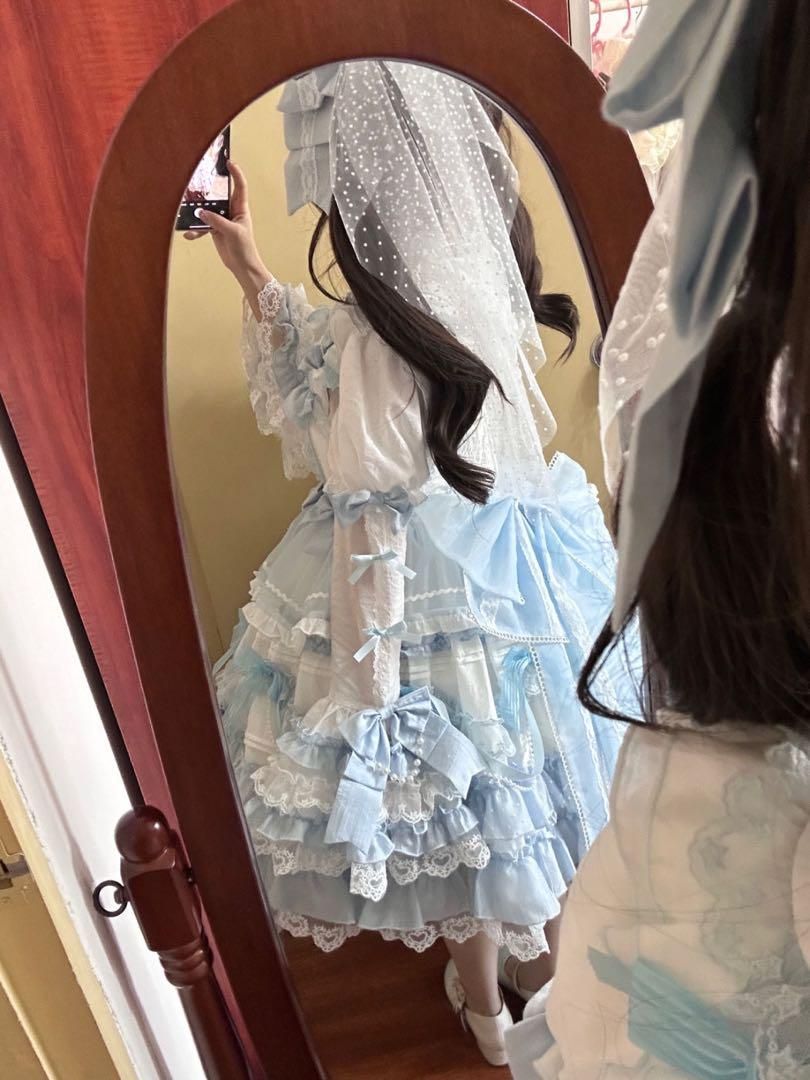 【恋とトキメキ】ロリィタドレス4点セット JSK フリルブラウス リボン 黒ロリ 4点セット ロリータドレス ロリィタフリル JSK＋ヘアドレス＋