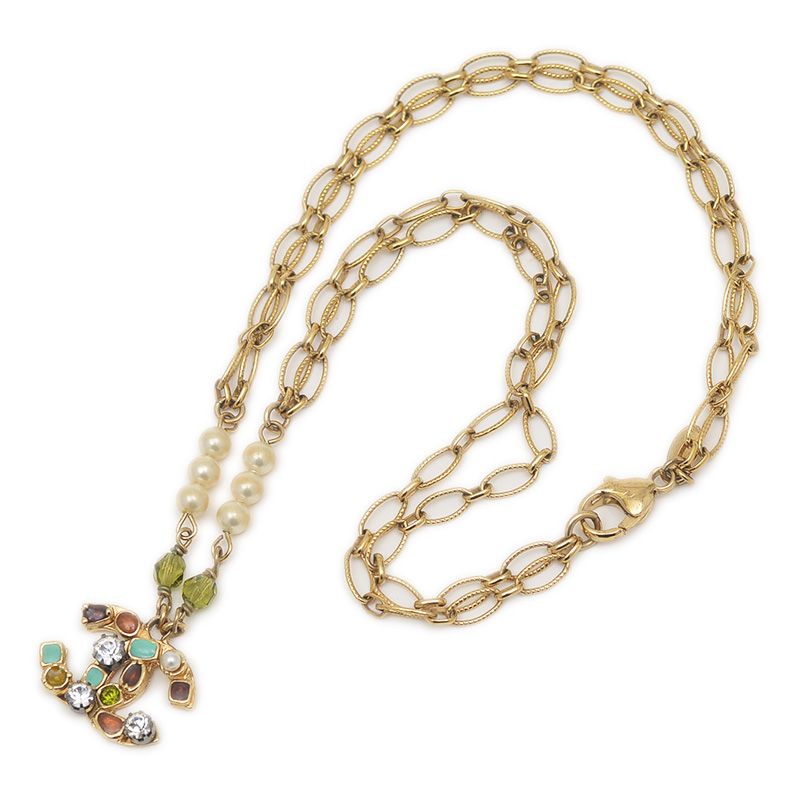 シャネル ココマーク ラインストーン パール ネックレス ゴールド