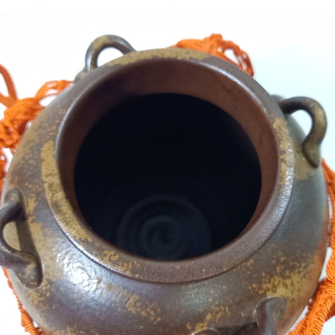 茶道具 茶器 備前焼 飾茶壷 城楽造 仁清写 月に梅 正絹三本組紐