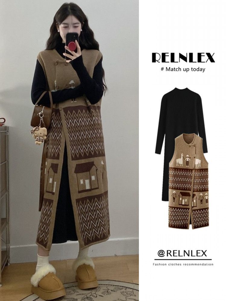 秋冬 レディース ニットベスト ワンピース 2点セット フレンチレトロ 長袖 ゆったり 体型カバー 上品コーデ