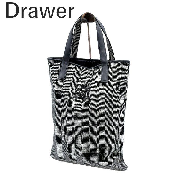 ドゥロワー Drawer ノベルティトートバッグ 縦長 ヘリンボーン ロゴ刺しゅう ブラック ホワイト ネイビー