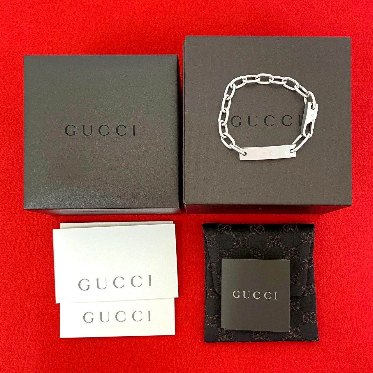 保存箱 袋付 GUCCI グッチ ID プレート ロゴ シルバー925 チェーン ブレスレット バングル アクセサリー メンズ レディース 44932