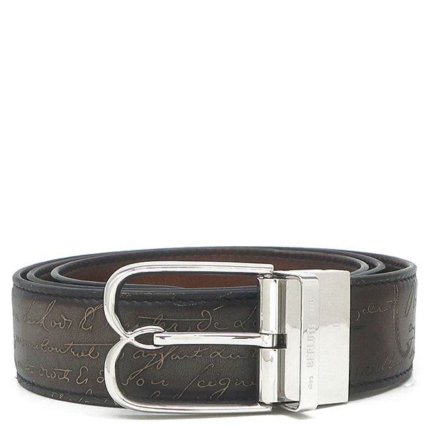 ベルルッティ BERLUTI ベルト B ボリュート スクリットレザー 35MM リバーシブルベルト ヴェネチアレザー MOGA×NERO 95 シルバー金具 黒 グレー 茶 カリグラフィ C0068 保存袋