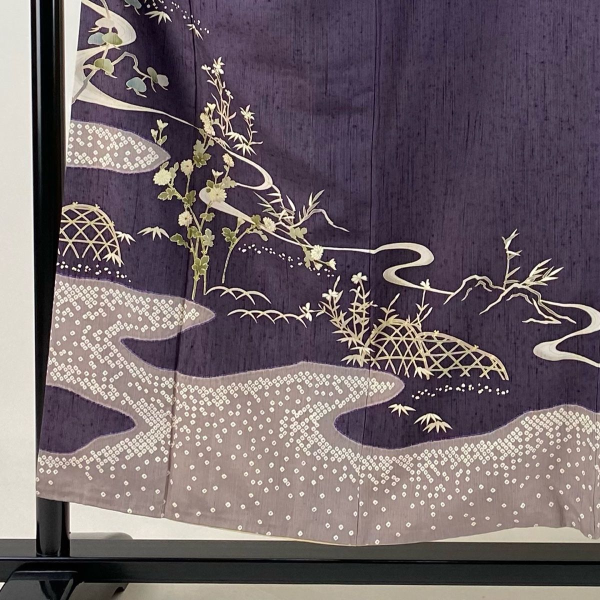 訪問着 身丈153.5cm 裄丈63cm S 袷 紬地 やまと 草花 流水 金彩 紫 正絹 秀品