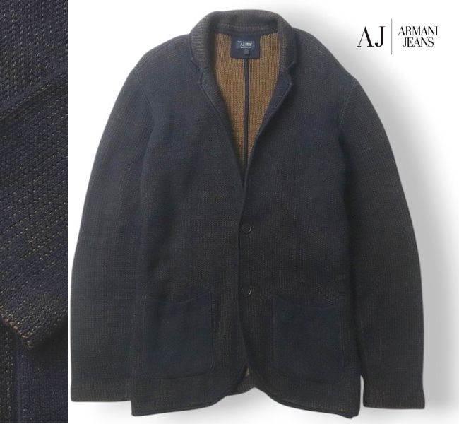 ジョルジオ アルマーニ ARMANI JEANS 肉厚 ニット 2つボタン パイピング カーディガンジャケット 紺 XL ￥66 000-