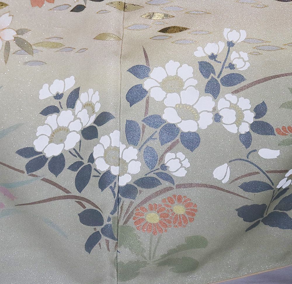 訪問着 袷 正絹 ベージュ ピンク 緑 暈し 銀糸通し オシドリ 桜 草花
