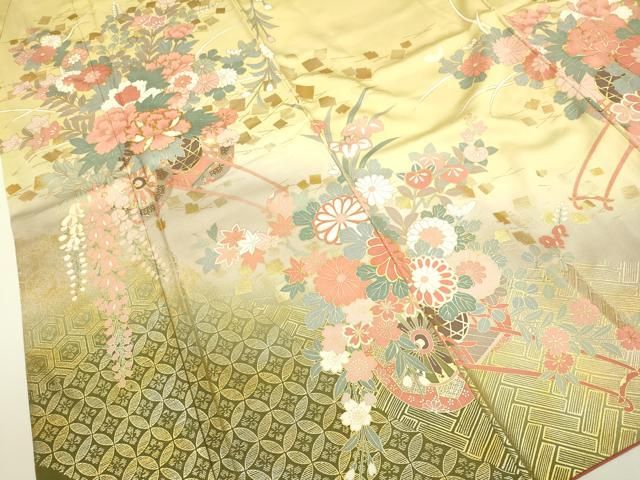 平和屋着物▽豪華振袖 駒刺繍 吉祥舞蝶花車文 暈し染め 金彩