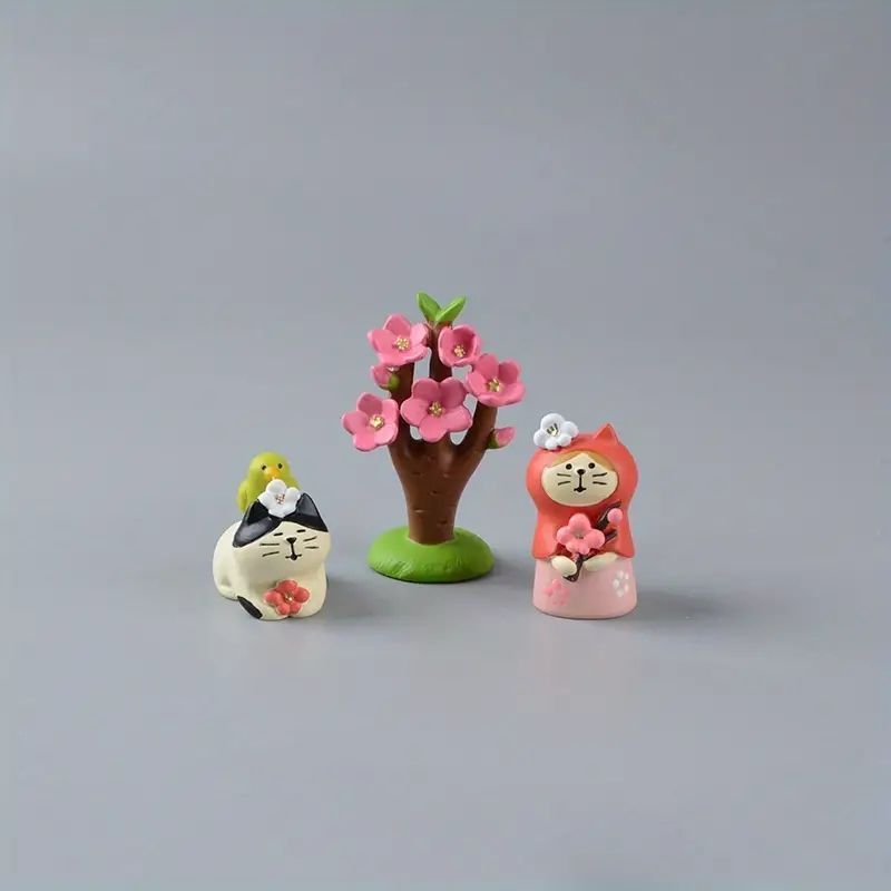 春の花と愛らしい猫3点セット - 和風レジン製オーナメント、家庭、オフィス、車内のアクセントに最適