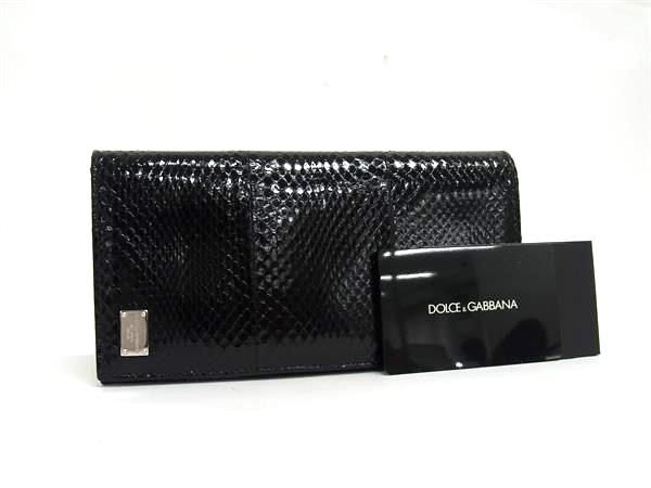 上 本物 DOLCE＆GABBANA ドルチェ-ガッバーナ パイソン 二つ折り 長財布 ウォレット ブラック系 FN7441