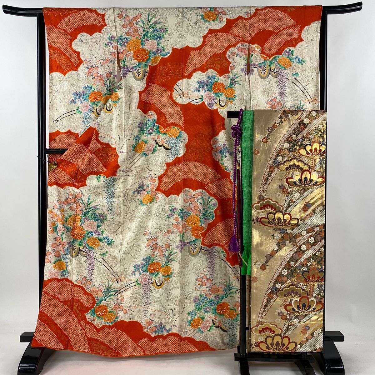 振袖 身丈165.5cm 裄丈63cm S 袷 袋帯フルセット 花車 枝梅 金糸 絞り クリーム 正絹 秀品