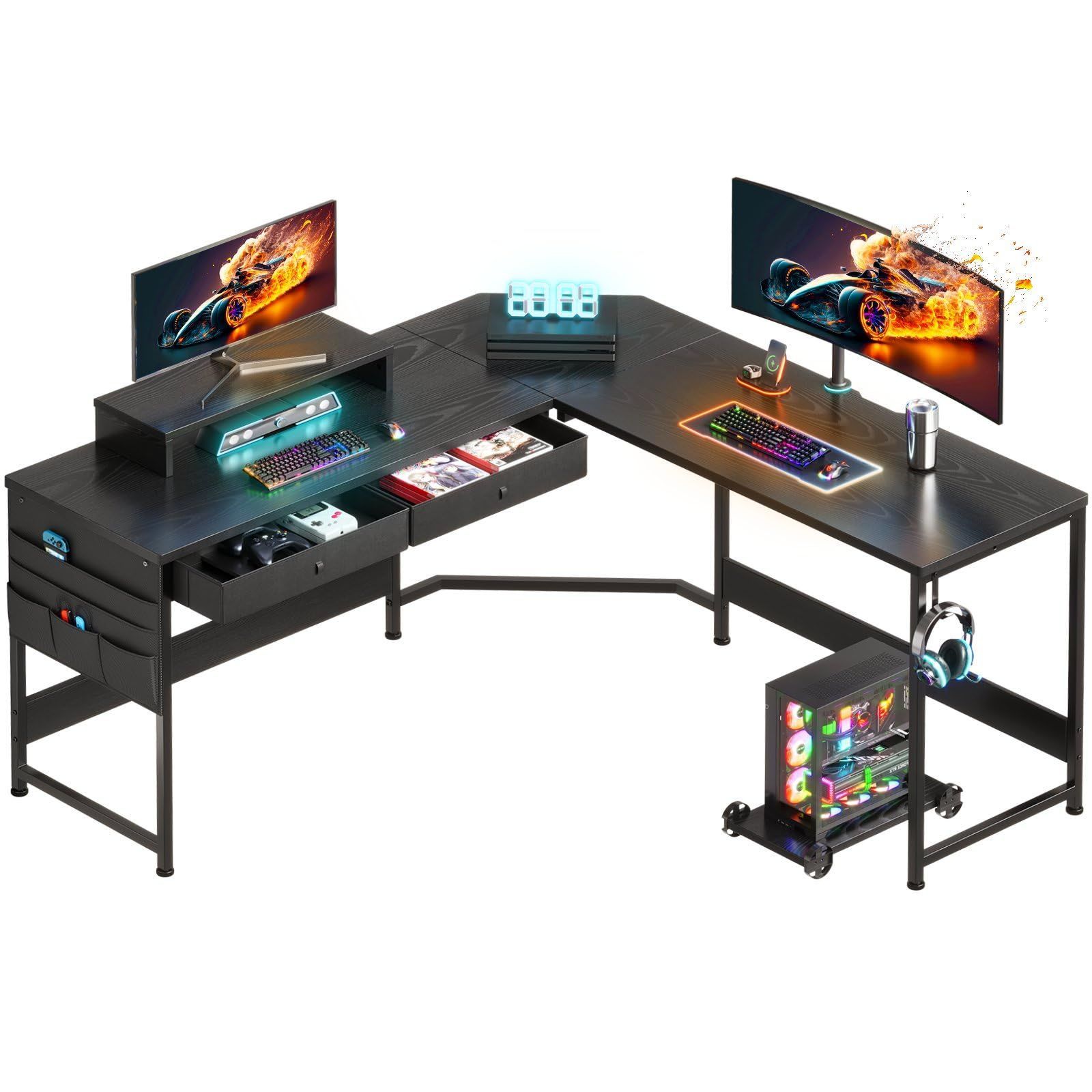 l字デスク pcデスク収納袋付き学習机 125cm 作業机引き出し付きデスク L字型 x PC 勉強机 ゲーミングデスク125cm 作業 在宅勤務 YeTom 黑い