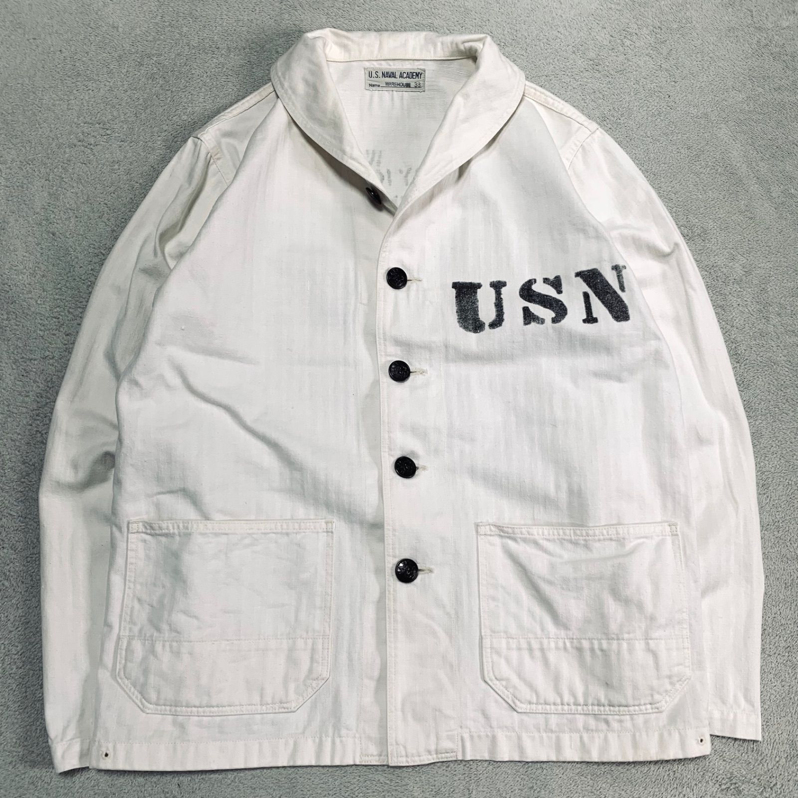 WAREHOUSE SHAWL COLLAR COVERALL USNA メモリアルジャケット カバーオール ワークジャケット ミリタリー ショール ヘリンボーン ステンシル ピンナップガール サイズ38 ホワイト 白 ウエアハウス