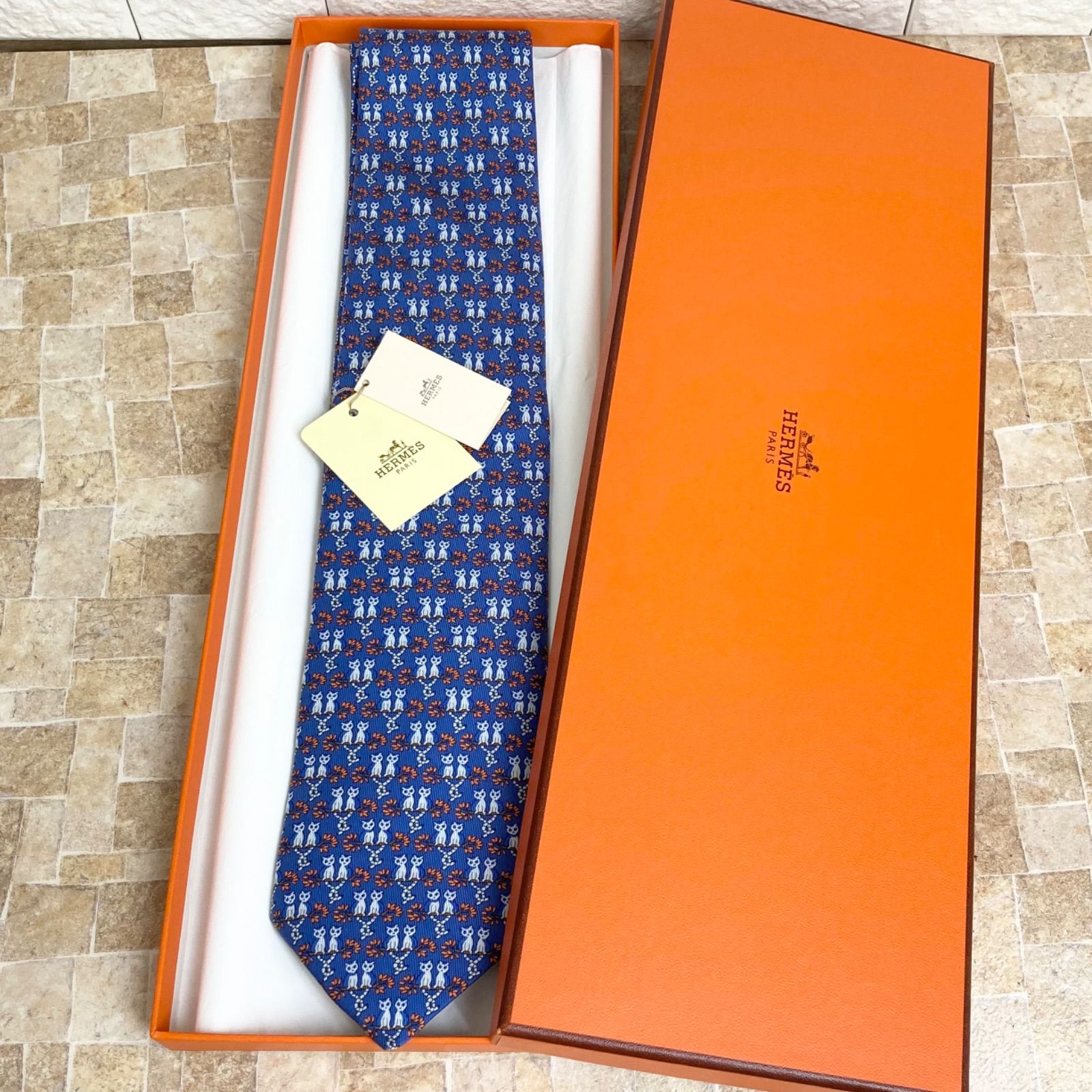 新品未使用タグ付き】HERMES 猫柄ネクタイ ブルー ネイビー