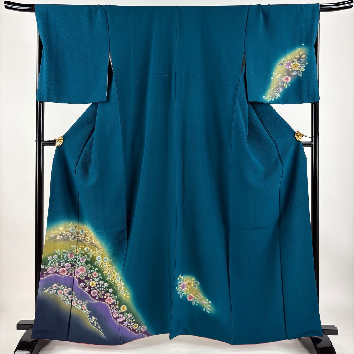 付下げ 身丈163cm 裄丈69cm L 袷 鈴乃屋 草花 ぼかし 絞り 青緑 正絹 秀品