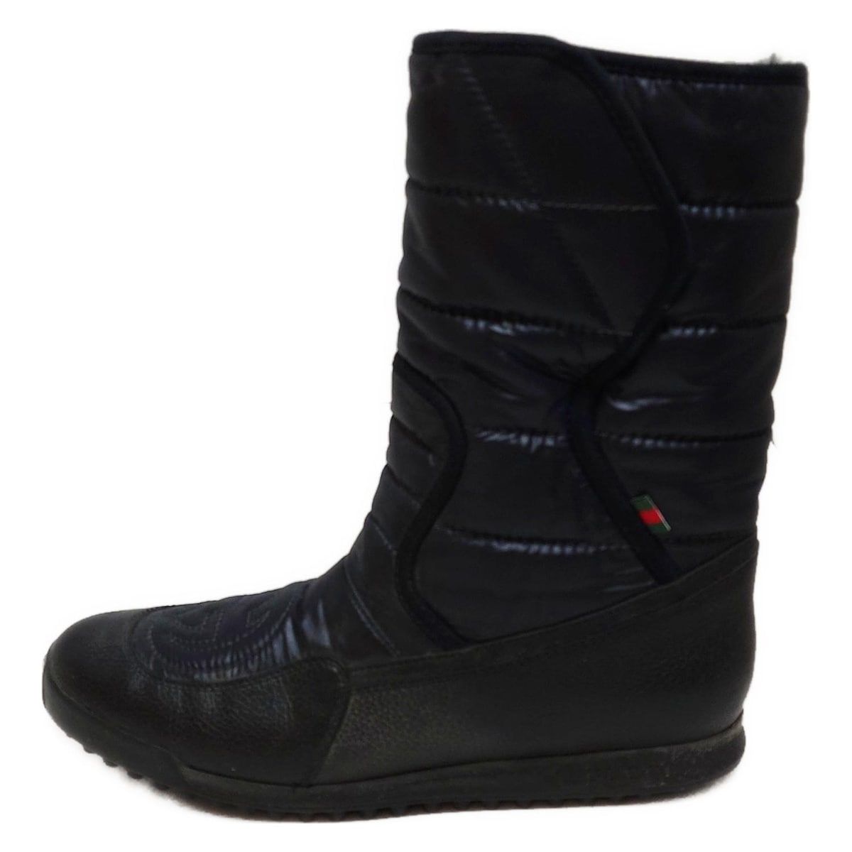 GUCCI グッチ ショートブーツ 37 1|2 レディース - 黒 インターロッキングG|内側ファー|スノーブーツ|シェリー ウェブ レザー