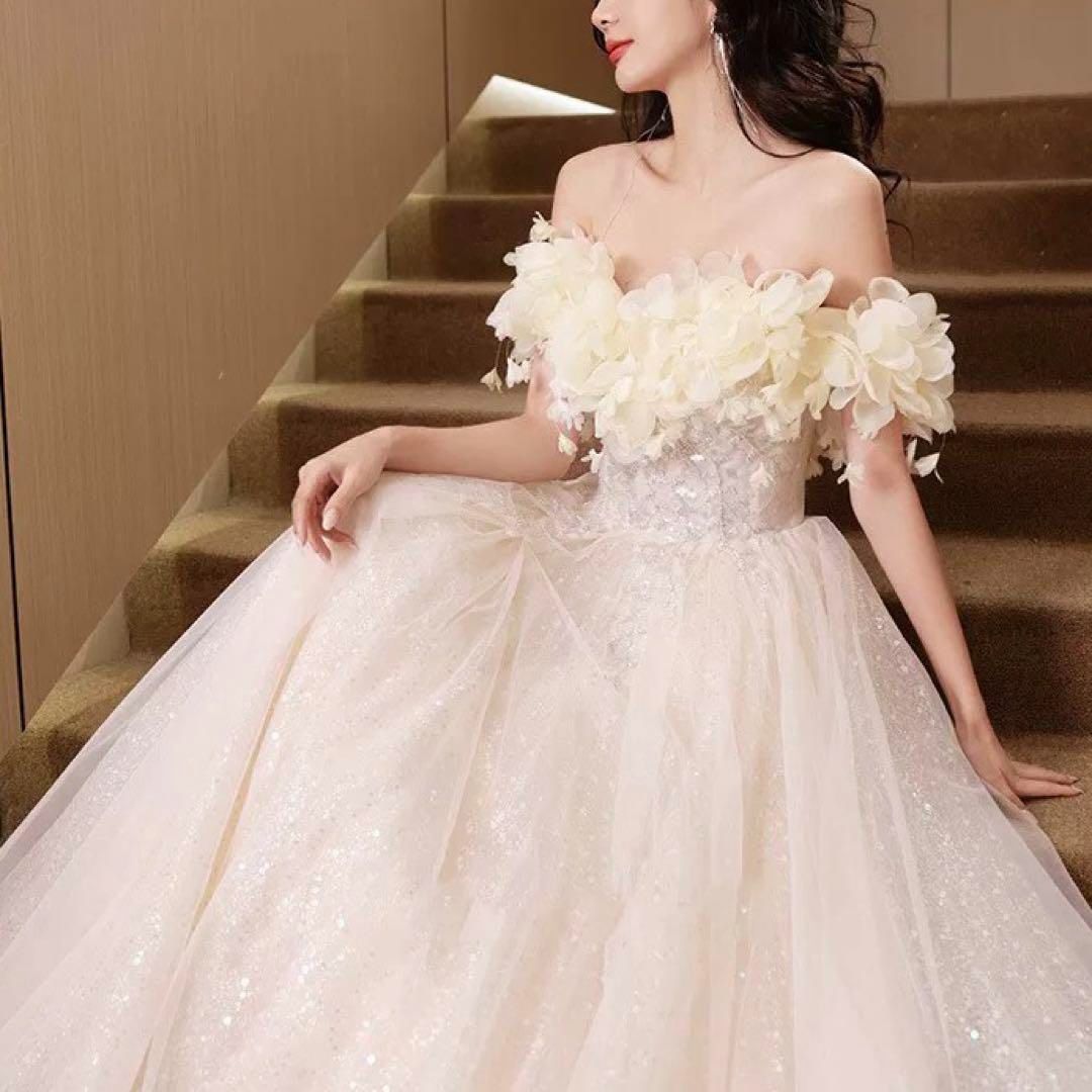 お花のデザインがゴージャスな長袖のオフショル ロングドレス フリルにお花がオシャレでゴージャスなオフショル ロングドレス 【公式