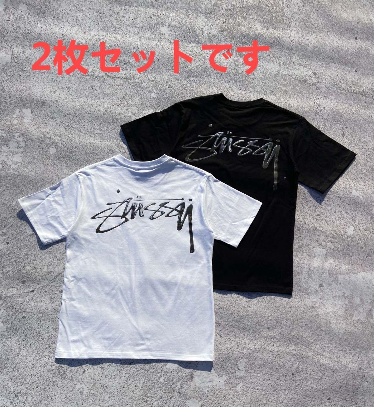 Stussy 半袖Tシャツ ステューシー Mercury Tee Mercury Effect Letter Logo 黑+白 2枚