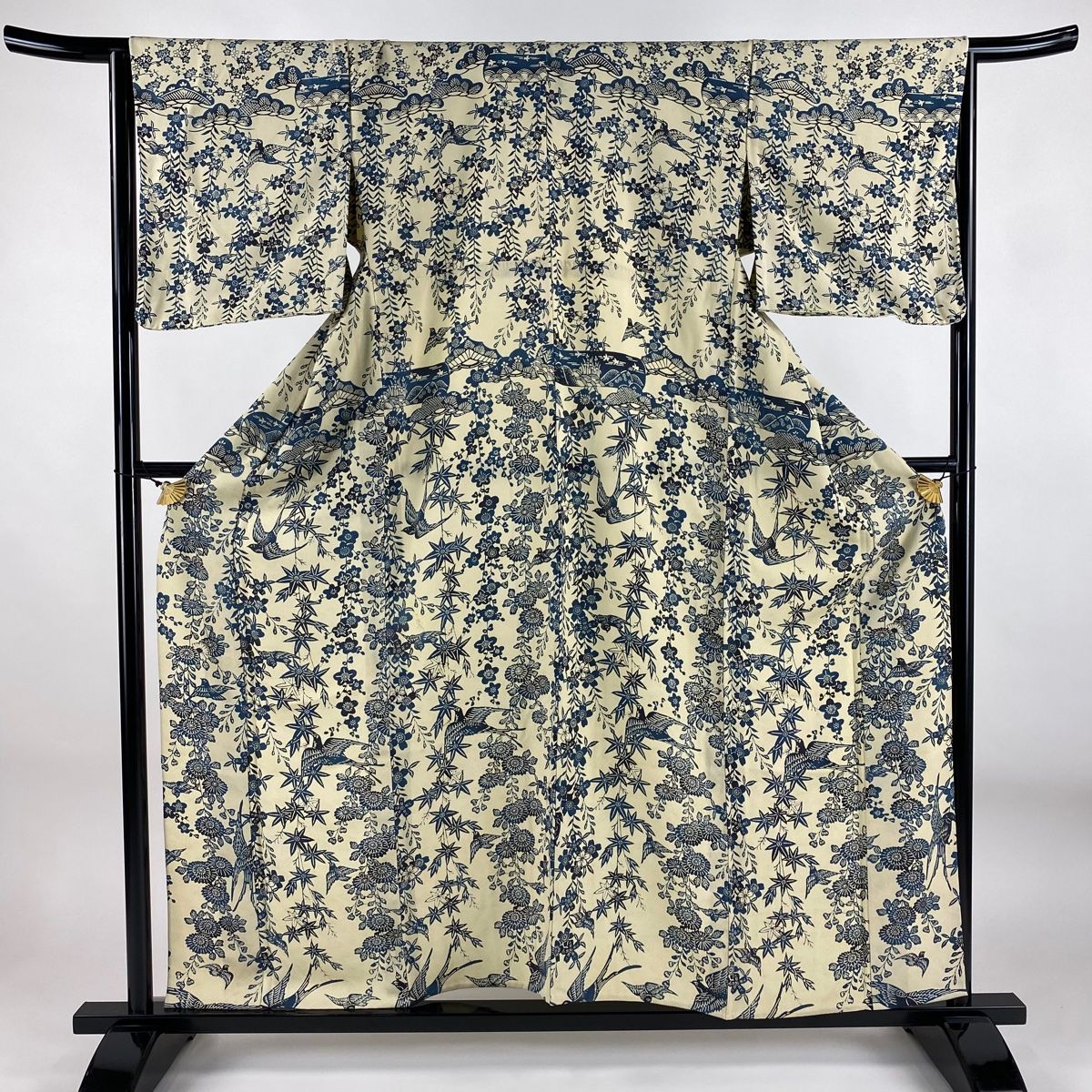 付下げ 身丈157cm 裄丈65cm M 単衣 花鳥 ベージュ 正絹 秀品