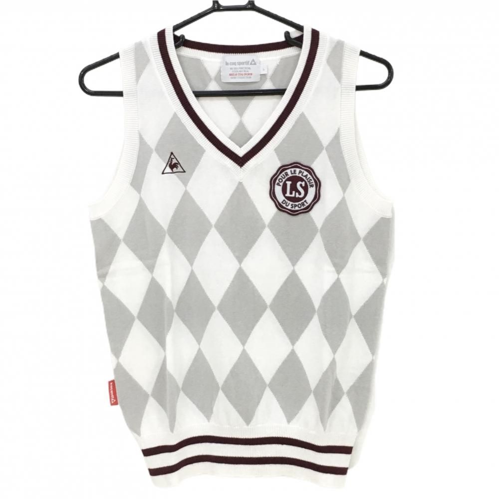 【美品】ルコック ニットベスト 白×ライトグレー ダイヤ柄 アクリル混 Vネック レディース L ゴルフウェア le coq sportif