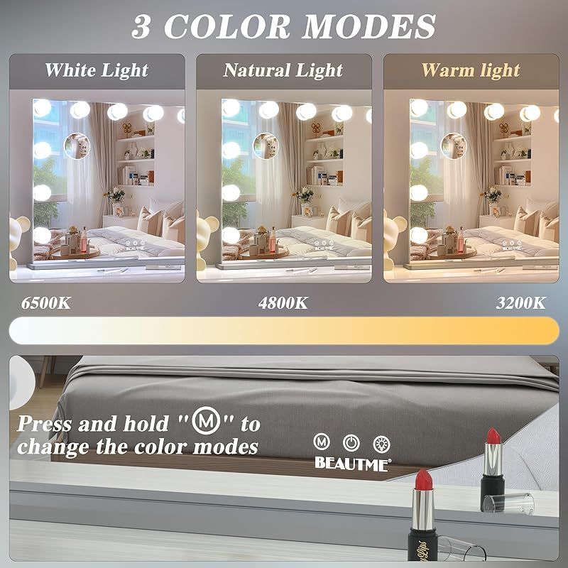 12電球付きライト付き大型ハリウッドミラー モードと調節 な明るさのメイクミラー 取り外し な10倍拡大鏡 70 X 54 cm 銀 1