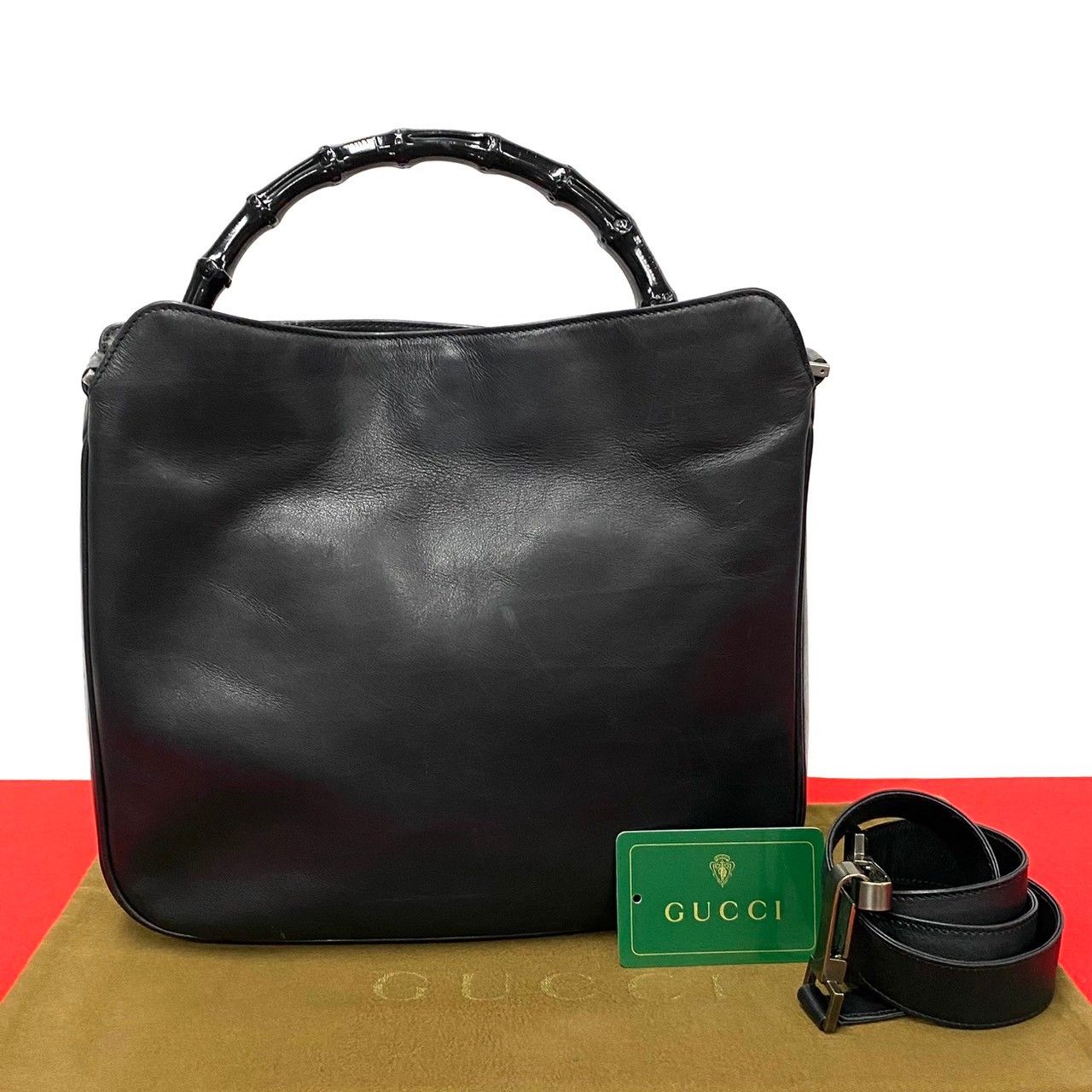 極 美品 希少品 GUCCI グッチ バンブー ハンドル レザー 本革 2way ハンドバッグ ショルダーバッグ トートバッグ ブラック 黒  62003 - メルカリ