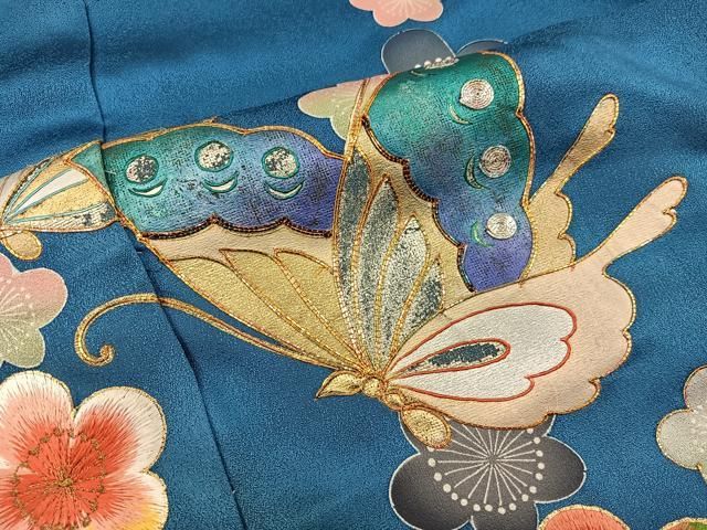 豪華振袖　駒刺繍　流水舞鳥文　暈し染め　金彩　着丈168cm　正絹　逸品 平和屋着物□豪華振袖 駒刺繍 矢羽舞桜文 暈し染め 金彩 正絹
