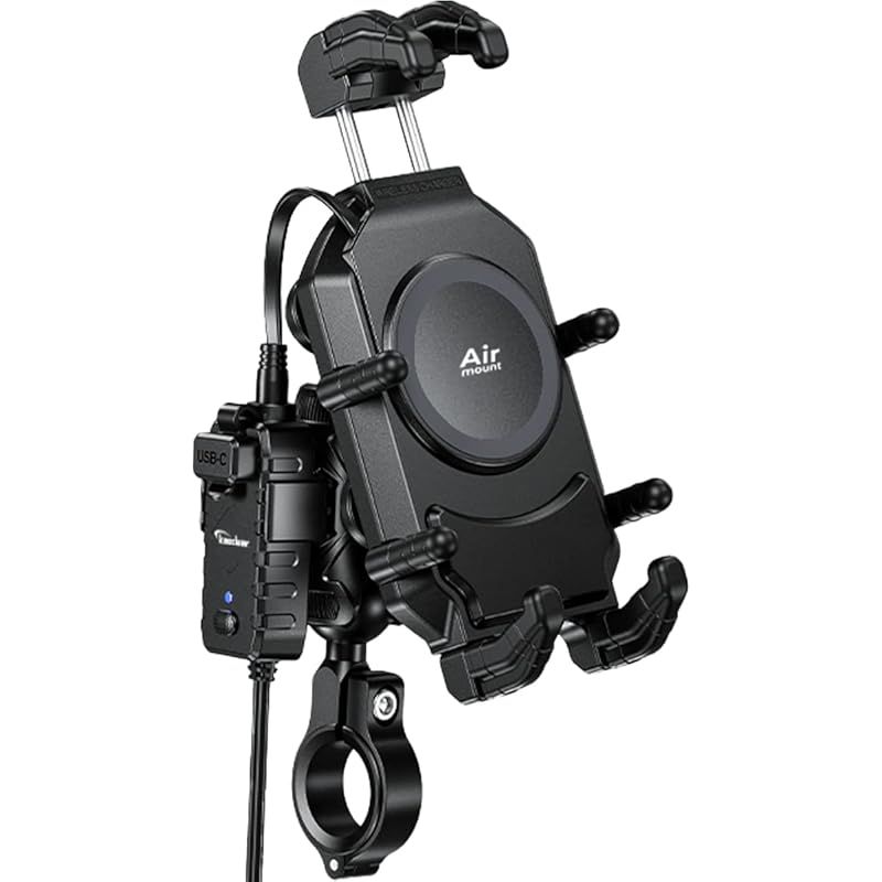 Kaedear(カエディア) バイク スマホホルダー 充電 携帯ホルダー 振動吸収 Airマウント 一体型 QI ワイヤレス充電 USB電源, デビルホーンQI USB/Air Mount KDR-M26A-BK (充電スマホホルダー) 0