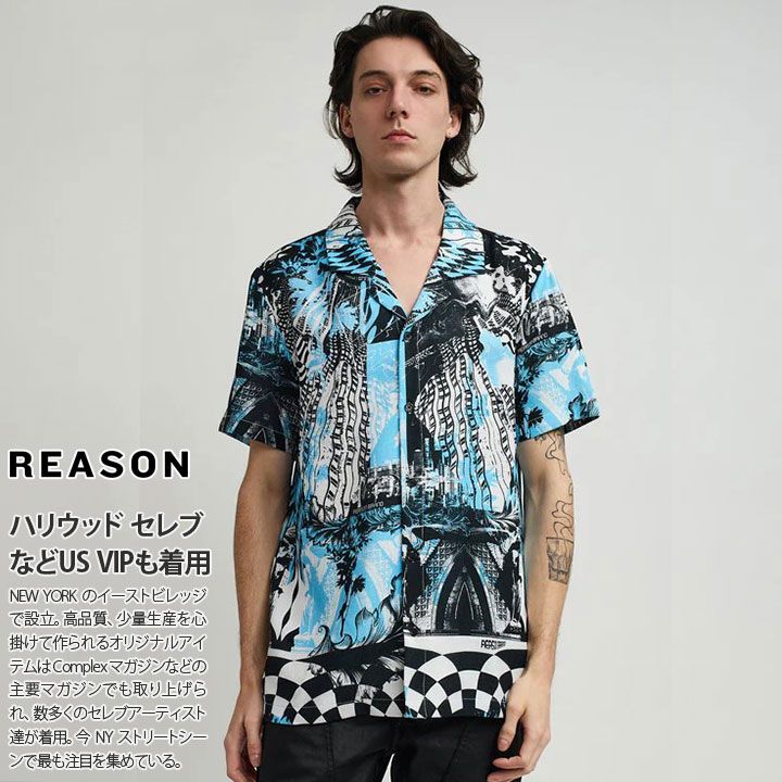 半袖シャツ メンズ 水色 大きいサイズ リーズン 柄シャツ アロハシャツ 開襟シャツ おしゃれ チェッカーフラッグ ライトブルー バロック 派手 総柄 ビッグシルエット b系 ヒップホップ ファッション ストリート系 ブランド 服 2025春夏 S76