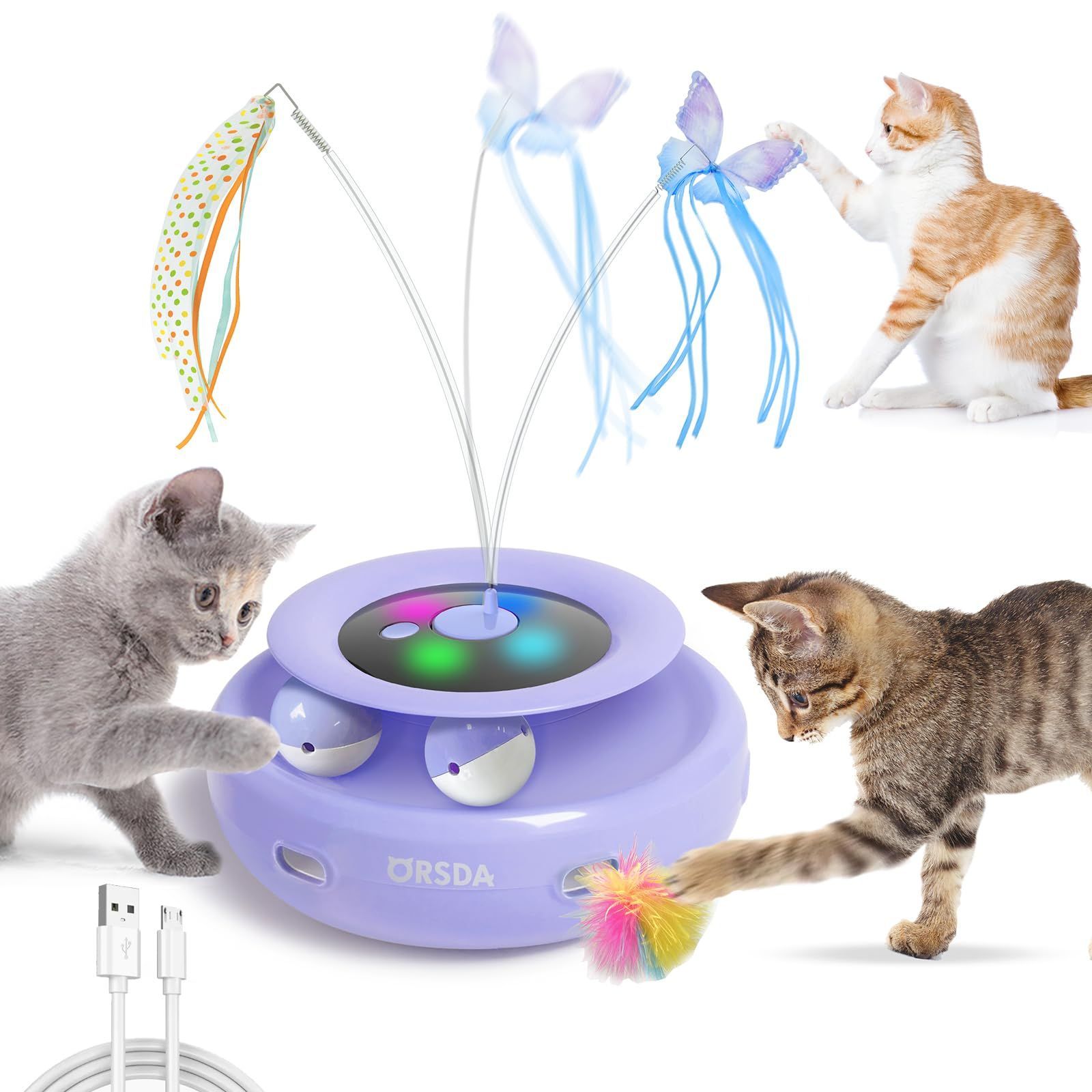 商品 猫おもちゃ 電動 ORSDA 猫じゃらし 自動 猫ボール 3in1一体式 6本取り替え天然羽根付 2000mAh Type-C 充電式電源 手作りの蝶々一人遊び猫おもちゃ自動 寂しさ解消|運動不足対策 狩猟天性満足 猫大興奮 パープル