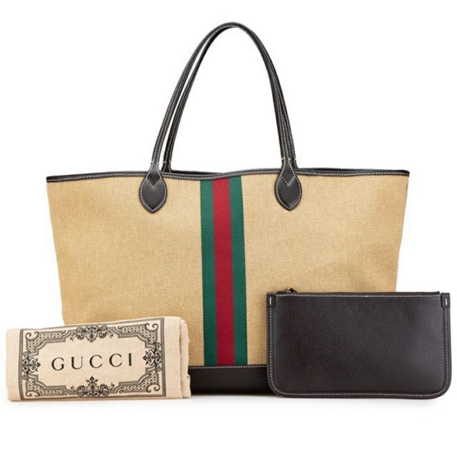 中古 Aランク グッチ シェリーライン トートバッグ 726755 ベージュ ブラウン キャンバス レザー GUCCI 【送料無料】【西神店】