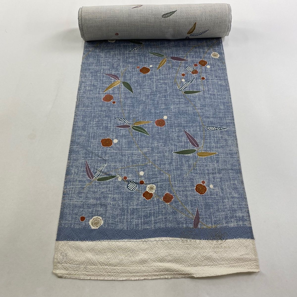 反物 秀品 小紋 笹 梅 金彩 青灰色 正絹