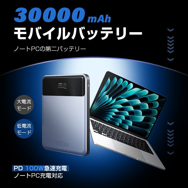 モバイルバッテリー 30000mAh 111Wh大容量 薄型 USB-A Type-C 4台同時充電 PD 110W急速充電 ノートパソコン充電 パワーバンク 残電量表示 多機種対応 スタイリッシュ 持ち運び便利 iPhone16充電 自動検知機能 安定出力